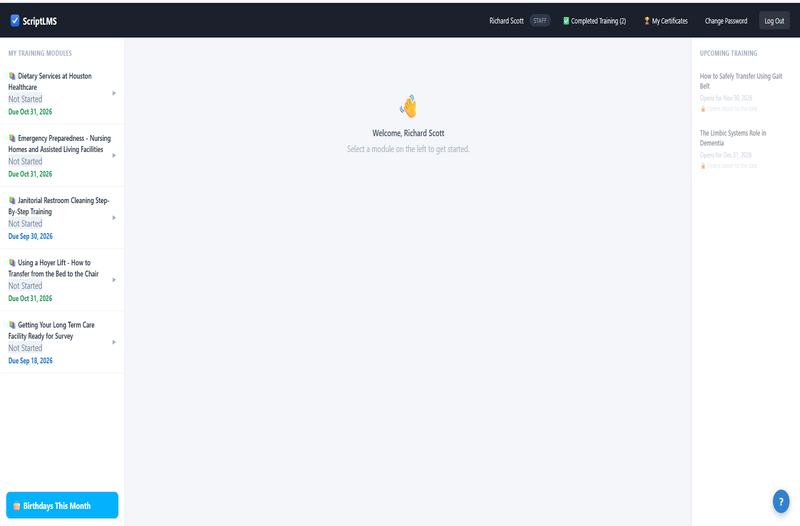 ScriptLMS staff portal with upcoming training moved over to be done early